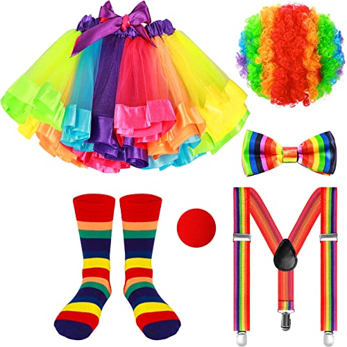 6 Pcs Girl Clown Costume Kids Set Include Rainbow Tutu Skirt Socks Wig Nose Bow Shoulder Strap For Christmas Carnival Party (4-7 Years) from Tigeen