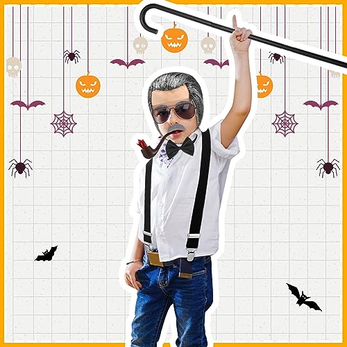 Jutom 8 Pcs 100 Days of School Old Man Costume Set for Boys Child Included Cane Glasses Toy Pipe Old Man Bald Wig Mustache and Suspender Costumes for Child Kids 100th Days of School Cosplay Supplies by Jutom