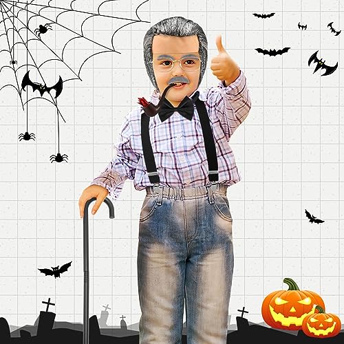Jutom 8 Pcs 100 Days of School Old Man Costume Set for Boys Child Included Cane Glasses Toy Pipe Old Man Bald Wig Mustache and Suspender Costumes for Child Kids 100th Days of School Cosplay Supplies by Jutom