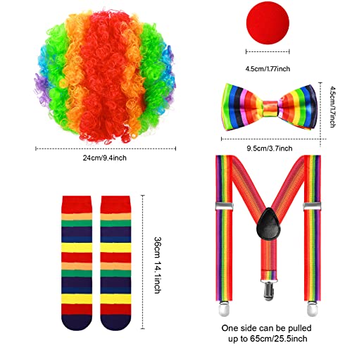6 Pcs Girl Clown Costume Kids Set Include Rainbow Tutu Skirt Socks Wig Nose Bow Shoulder Strap For Christmas Carnival Party (4-7 Years) from Tigeen