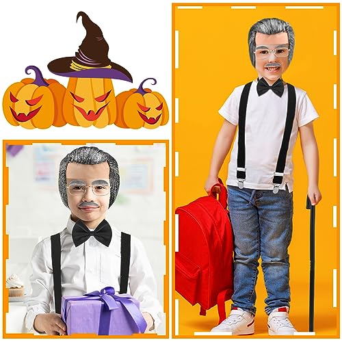 Jutom 8 Pcs 100 Days of School Old Man Costume Set for Boys Child Included Cane Glasses Toy Pipe Old Man Bald Wig Mustache and Suspender Costumes for Child Kids 100th Days of School Cosplay Supplies by Jutom
