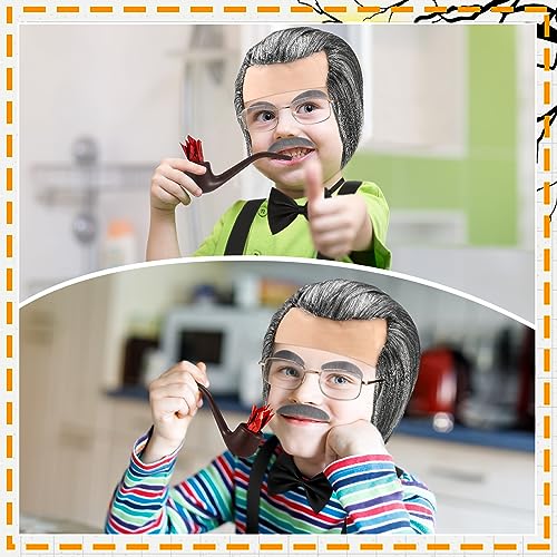 Jutom 8 Pcs 100 Days of School Old Man Costume Set for Boys Child Included Cane Glasses Toy Pipe Old Man Bald Wig Mustache and Suspender Costumes for Child Kids 100th Days of School Cosplay Supplies by Jutom
