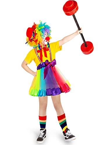 6 Pcs Girl Clown Costume Kids Set Include Rainbow Tutu Skirt Socks Wig Nose Bow Shoulder Strap For Christmas Carnival Party (4-7 Years) from Tigeen