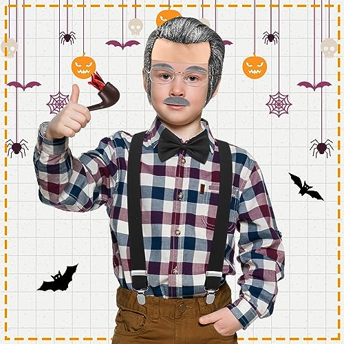 Jutom 8 Pcs 100 Days of School Old Man Costume Set for Boys Child Included Cane Glasses Toy Pipe Old Man Bald Wig Mustache and Suspender Costumes for Child Kids 100th Days of School Cosplay Supplies by Jutom