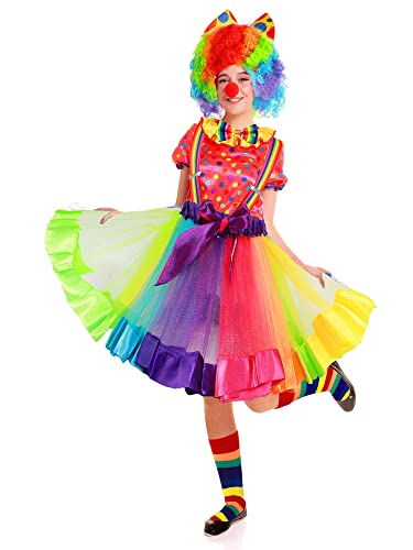6 Pcs Girl Clown Costume Kids Set Include Rainbow Tutu Skirt Socks Wig Nose Bow Shoulder Strap For Christmas Carnival Party (4-7 Years) from Tigeen