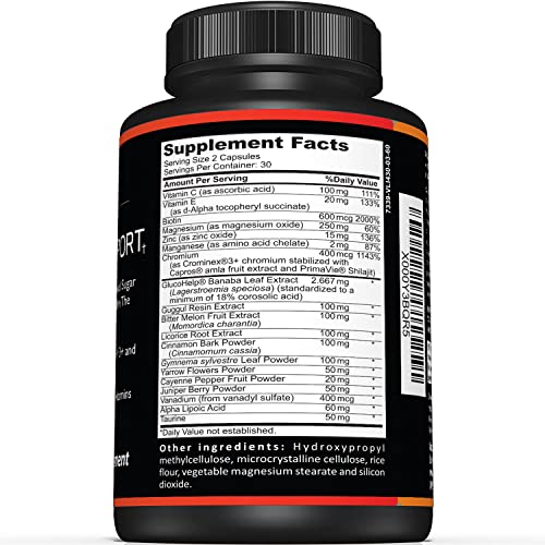 Premium Blood Sugar Support SupplementâSupports Healthy Blood Sugar Levels Already Within Normal Range â Includes Bitter Melon Extract, Vanadium, Chromium, Cinnamon, & Alpha Lipoic Acid-60 Capsules by Sunergetic