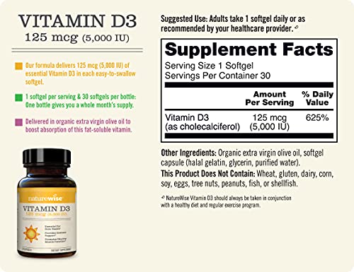 NatureWise Vitamin D3 5000iu (125 mcg) 1 Month Supply for Healthy Muscle Function, Bone Health and Immune Support, Non-GMO, Gluten Free in Cold-Pressed Olive Oil, Packaging May Vary, 30 Count by AmazonUs/NAUB8