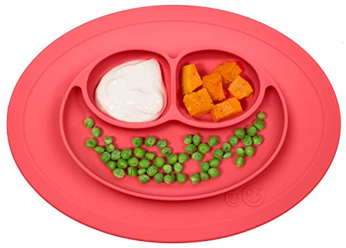 ezpz Mini Mat (Coral) - 100% Silicone Suction Plate with Built-in Placemat for Infants + Toddlers - First Foods + Self-Feeding - Comes with a Reusable Travel Bag (PCMMC004), One Size by ezpz