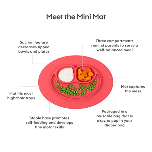 ezpz Mini Mat (Coral) - 100% Silicone Suction Plate with Built-in Placemat for Infants + Toddlers - First Foods + Self-Feeding - Comes with a Reusable Travel Bag (PCMMC004), One Size by ezpz