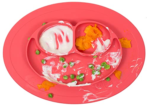 ezpz Mini Mat (Coral) - 100% Silicone Suction Plate with Built-in Placemat for Infants + Toddlers - First Foods + Self-Feeding - Comes with a Reusable Travel Bag (PCMMC004), One Size by ezpz