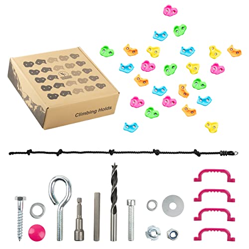 ROCKSTAR CLIMBING Rock Climbing Holds, Kids Rock Climbing Kit with 25 Wall Grips, 8 Foot Knotted Climbing Rope and 4 Safety Handles, Indoor and Outdoor Play Set for Children Boys Girls by ROCKSTAR CLIMBING