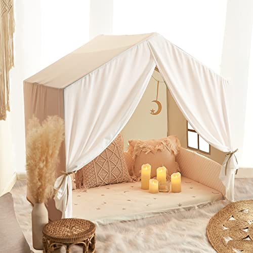 Large Kids Tent, Kids Playhouse with Banner,Light and Padded Mat, Tent for Kids Reading Nook, Play Tent, Easy to Assemble and Wash, Indoor and Outdoor, Boho Adult Tent, 52x35x51 by little dove