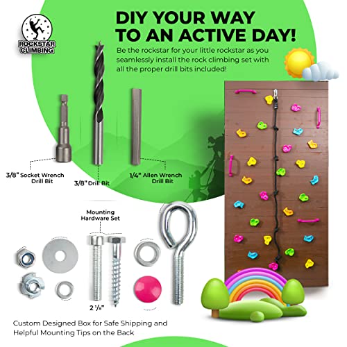 ROCKSTAR CLIMBING Rock Climbing Holds, Kids Rock Climbing Kit with 25 Wall Grips, 8 Foot Knotted Climbing Rope and 4 Safety Handles, Indoor and Outdoor Play Set for Children Boys Girls by ROCKSTAR CLIMBING