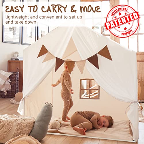 Large Kids Tent, Kids Playhouse with Banner,Light and Padded Mat, Tent for Kids Reading Nook, Play Tent, Easy to Assemble and Wash, Indoor and Outdoor, Boho Adult Tent, 52x35x51 by little dove