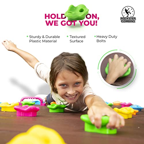 ROCKSTAR CLIMBING Rock Climbing Holds, Kids Rock Climbing Kit with 25 Wall Grips, 8 Foot Knotted Climbing Rope and 4 Safety Handles, Indoor and Outdoor Play Set for Children Boys Girls by ROCKSTAR CLIMBING