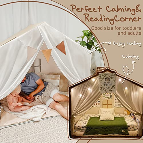 Large Kids Tent, Kids Playhouse with Banner,Light and Padded Mat, Tent for Kids Reading Nook, Play Tent, Easy to Assemble and Wash, Indoor and Outdoor, Boho Adult Tent, 52x35x51 by little dove