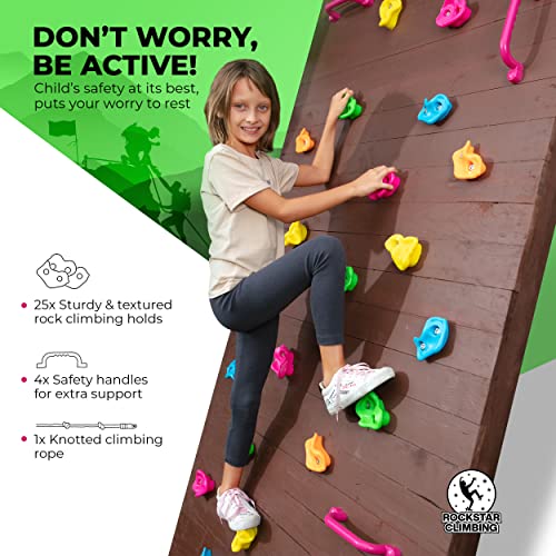 ROCKSTAR CLIMBING Rock Climbing Holds, Kids Rock Climbing Kit with 25 Wall Grips, 8 Foot Knotted Climbing Rope and 4 Safety Handles, Indoor and Outdoor Play Set for Children Boys Girls by ROCKSTAR CLIMBING