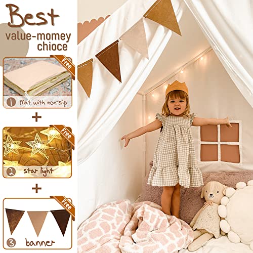 Large Kids Tent, Kids Playhouse with Banner,Light and Padded Mat, Tent for Kids Reading Nook, Play Tent, Easy to Assemble and Wash, Indoor and Outdoor, Boho Adult Tent, 52x35x51 by little dove