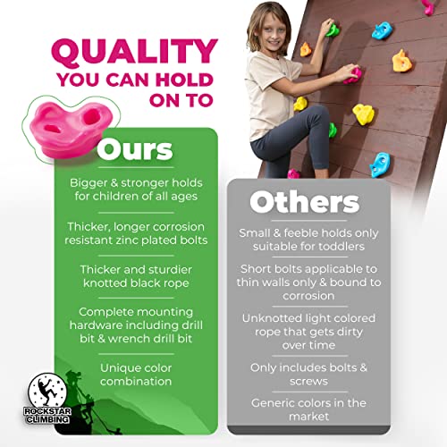 ROCKSTAR CLIMBING Rock Climbing Holds, Kids Rock Climbing Kit with 25 Wall Grips, 8 Foot Knotted Climbing Rope and 4 Safety Handles, Indoor and Outdoor Play Set for Children Boys Girls by ROCKSTAR CLIMBING