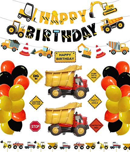 Construction Birthday Party Supplies Dump Truck Party Decorations Kits Set with 2 foil balloons for Kids Birthday Party 52 pack by 