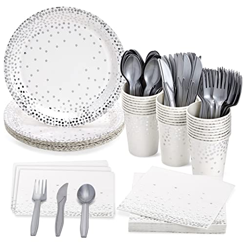 Silver Confetti Party Bundle, Includes Plates, Napkins, Cups, and Cutlery (24 Guests,144 Pieces) by Juvale