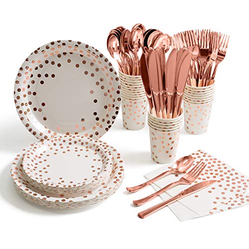 175 Pieces Rose Gold Party Supplies - Rose Gold Dot on White Paper Plates and Napkins Cups Silverware Serves 25 Sets for Wedding Bridal Shower Engagement Birthday Parties by 