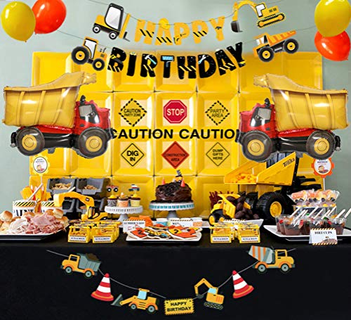 Construction Birthday Party Supplies Dump Truck Party Decorations Kits Set with 2 foil balloons for Kids Birthday Party 52 pack by 