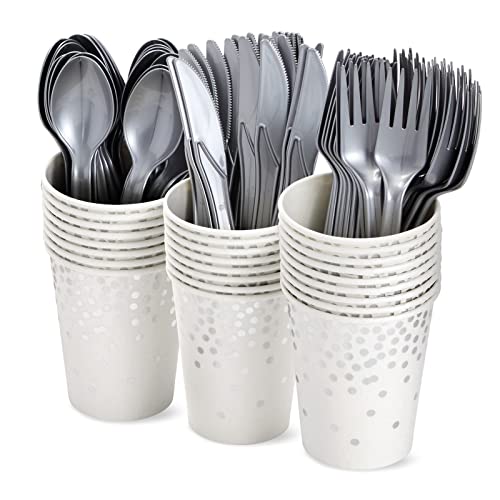 Silver Confetti Party Bundle, Includes Plates, Napkins, Cups, and Cutlery (24 Guests,144 Pieces) by Juvale