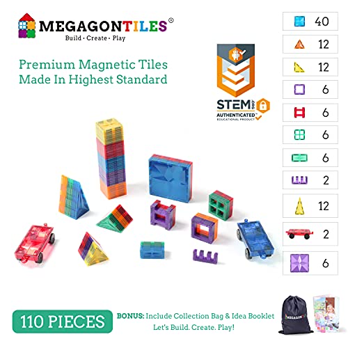 MEGAGONTILES 110PCS Premium Magnetic Tiles | STEM AUTHENTICATED | Magnetic Blocks | Magnetic Toys | Magnetic Building Blocks|Toddler Boys Girls 3-10 Year Old | Idea Books & Storage Bag by MEGAGONTILES