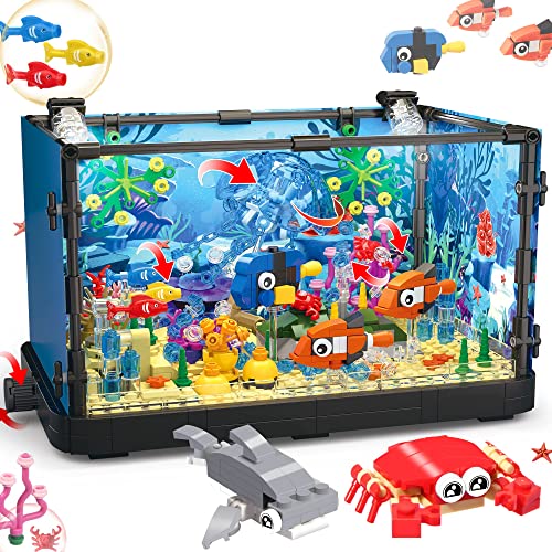 Fish Tank Building Block, Lighting Aquarium Compatible with Lego Sets for Adults and Kids Including Ocean Jellyfish, Crab, Fish, Animal Building Toys for Boys Age 8-12, 725pcs by Jorumo
