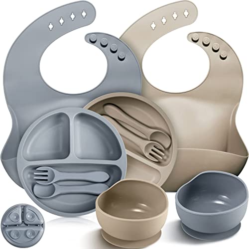 10 Pack Silicone Baby Feeding Set, Toddlers Led Weaning Feeding Supplies with Suction Baby Bowl Divided Plate Adjustable Bib Soft Silicone Spoon Fork, Infant Self Eating Utensil Set (Gray, Khaki) by Potchen