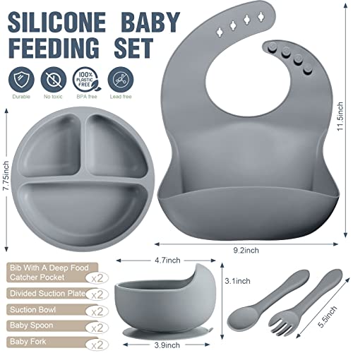 10 Pack Silicone Baby Feeding Set, Toddlers Led Weaning Feeding Supplies with Suction Baby Bowl Divided Plate Adjustable Bib Soft Silicone Spoon Fork, Infant Self Eating Utensil Set (Gray, Khaki) by Potchen