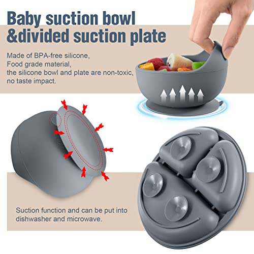 10 Pack Silicone Baby Feeding Set, Toddlers Led Weaning Feeding Supplies with Suction Baby Bowl Divided Plate Adjustable Bib Soft Silicone Spoon Fork, Infant Self Eating Utensil Set (Gray, Khaki) by Potchen