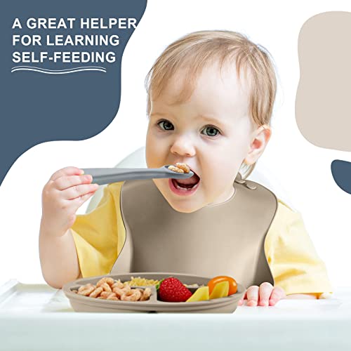 10 Pack Silicone Baby Feeding Set, Toddlers Led Weaning Feeding Supplies with Suction Baby Bowl Divided Plate Adjustable Bib Soft Silicone Spoon Fork, Infant Self Eating Utensil Set (Gray, Khaki) by Potchen
