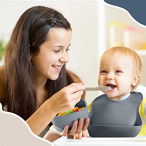 10 Pack Silicone Baby Feeding Set, Toddlers Led Weaning Feeding Supplies with Suction Baby Bowl Divided Plate Adjustable Bib Soft Silicone Spoon Fork, Infant Self Eating Utensil Set (Gray, Khaki) by Potchen