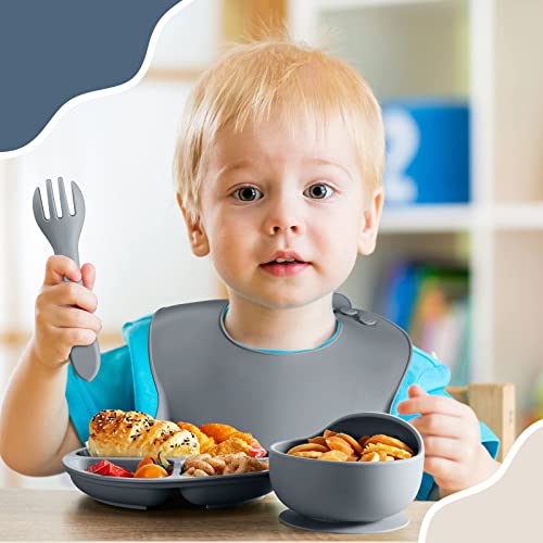 10 Pack Silicone Baby Feeding Set, Toddlers Led Weaning Feeding Supplies with Suction Baby Bowl Divided Plate Adjustable Bib Soft Silicone Spoon Fork, Infant Self Eating Utensil Set (Gray, Khaki) by Potchen