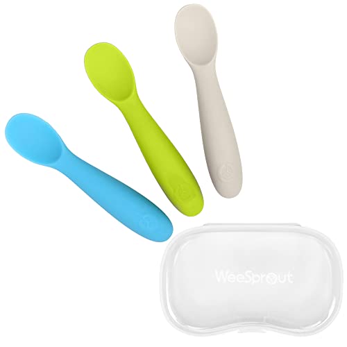 WeeSprout Baby Spoons, Shorter Length for Self Feeding, Soft Food Grade Silicone Baby Utensils for 6+ Months, Chew-Proof Durable Design, Easy Grip Handles, Dishwasher Safe, Carrying Case, 3 Pack from WeeSprout