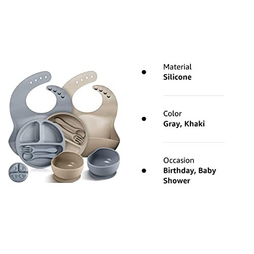 10 Pack Silicone Baby Feeding Set, Toddlers Led Weaning Feeding Supplies with Suction Baby Bowl Divided Plate Adjustable Bib Soft Silicone Spoon Fork, Infant Self Eating Utensil Set (Gray, Khaki) by Potchen