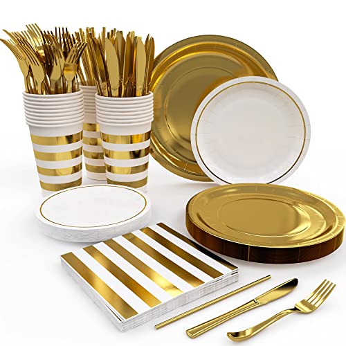 Gold Paper Plates and Napkins with Cups Party Supplies Sets 25 Guests - Plastic Silverware - Straws - Disposable Dinnerware Set 175PCS - White Gold Party Tableware Decorations for Birthday Wedding by Digger House