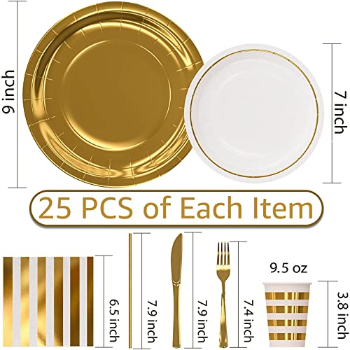 Gold Paper Plates and Napkins with Cups Party Supplies Sets 25 Guests - Plastic Silverware - Straws - Disposable Dinnerware Set 175PCS - White Gold Party Tableware Decorations for Birthday Wedding by Digger House