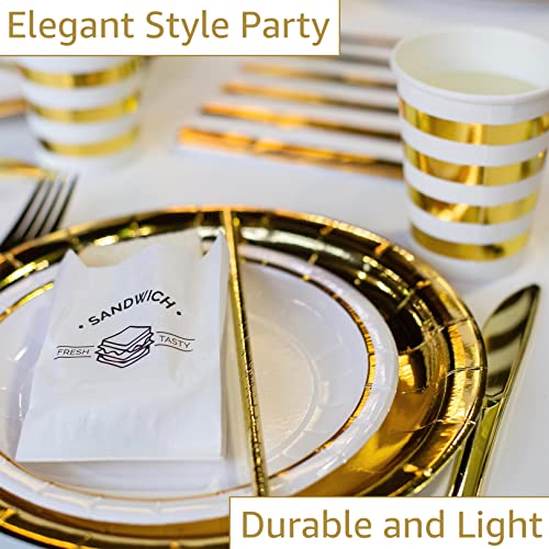 Gold Paper Plates and Napkins with Cups Party Supplies Sets 25 Guests - Plastic Silverware - Straws - Disposable Dinnerware Set 175PCS - White Gold Party Tableware Decorations for Birthday Wedding by Digger House