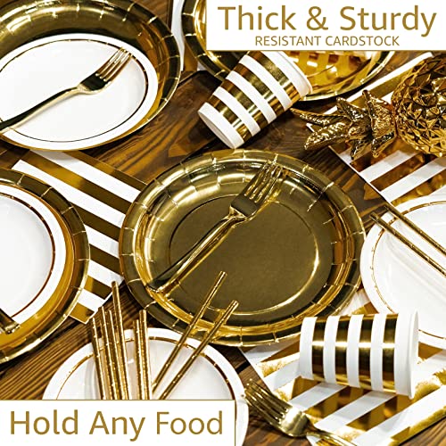 Gold Paper Plates and Napkins with Cups Party Supplies Sets 25 Guests - Plastic Silverware - Straws - Disposable Dinnerware Set 175PCS - White Gold Party Tableware Decorations for Birthday Wedding by Digger House