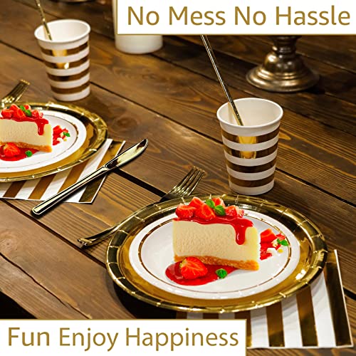 Gold Paper Plates and Napkins with Cups Party Supplies Sets 25 Guests - Plastic Silverware - Straws - Disposable Dinnerware Set 175PCS - White Gold Party Tableware Decorations for Birthday Wedding by Digger House