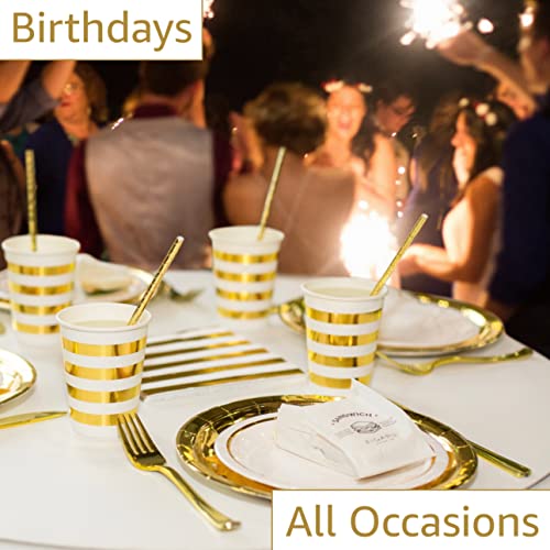 Gold Paper Plates and Napkins with Cups Party Supplies Sets 25 Guests - Plastic Silverware - Straws - Disposable Dinnerware Set 175PCS - White Gold Party Tableware Decorations for Birthday Wedding by Digger House