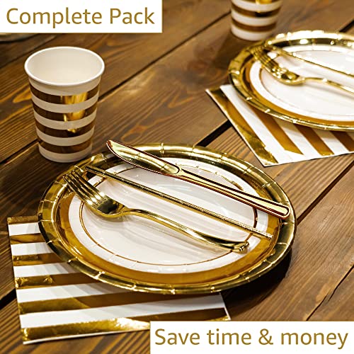 Gold Paper Plates and Napkins with Cups Party Supplies Sets 25 Guests - Plastic Silverware - Straws - Disposable Dinnerware Set 175PCS - White Gold Party Tableware Decorations for Birthday Wedding by Digger House