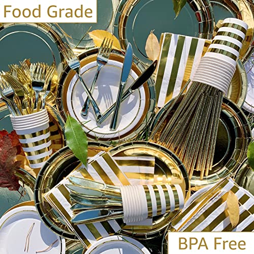 Gold Paper Plates and Napkins with Cups Party Supplies Sets 25 Guests - Plastic Silverware - Straws - Disposable Dinnerware Set 175PCS - White Gold Party Tableware Decorations for Birthday Wedding by Digger House