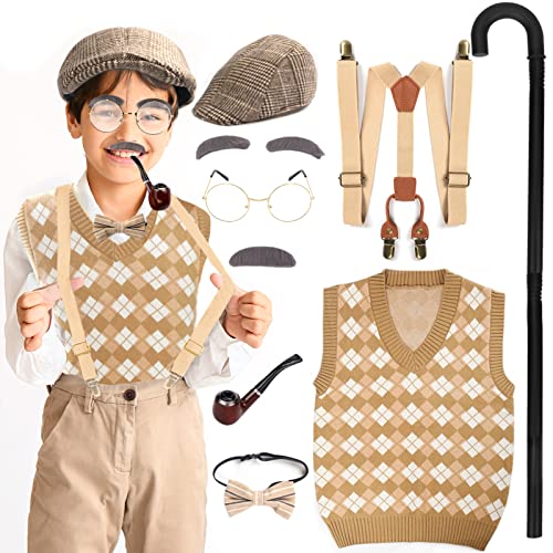 FAYBOX 100 Days of School Old Man Costume for Kids Boys,Halloween Grandpa Costume Accessories Set by 