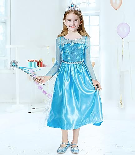 Almce Elsa Costume for Girls Toddler Christmas Birthday Party Dress Up Little Girl Princess Dresses with Accessories (Blue, 6T) from 