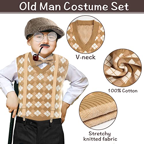 FAYBOX 100 Days of School Old Man Costume for Kids Boys,Halloween Grandpa Costume Accessories Set by 