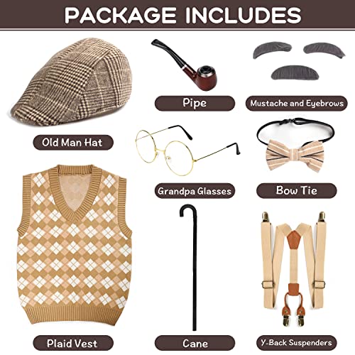 FAYBOX 100 Days of School Old Man Costume for Kids Boys,Halloween Grandpa Costume Accessories Set by 